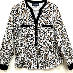 Jones New York Women Size L Blouse Top Shirt Adjust. Sleeves Animal Leopard Tan